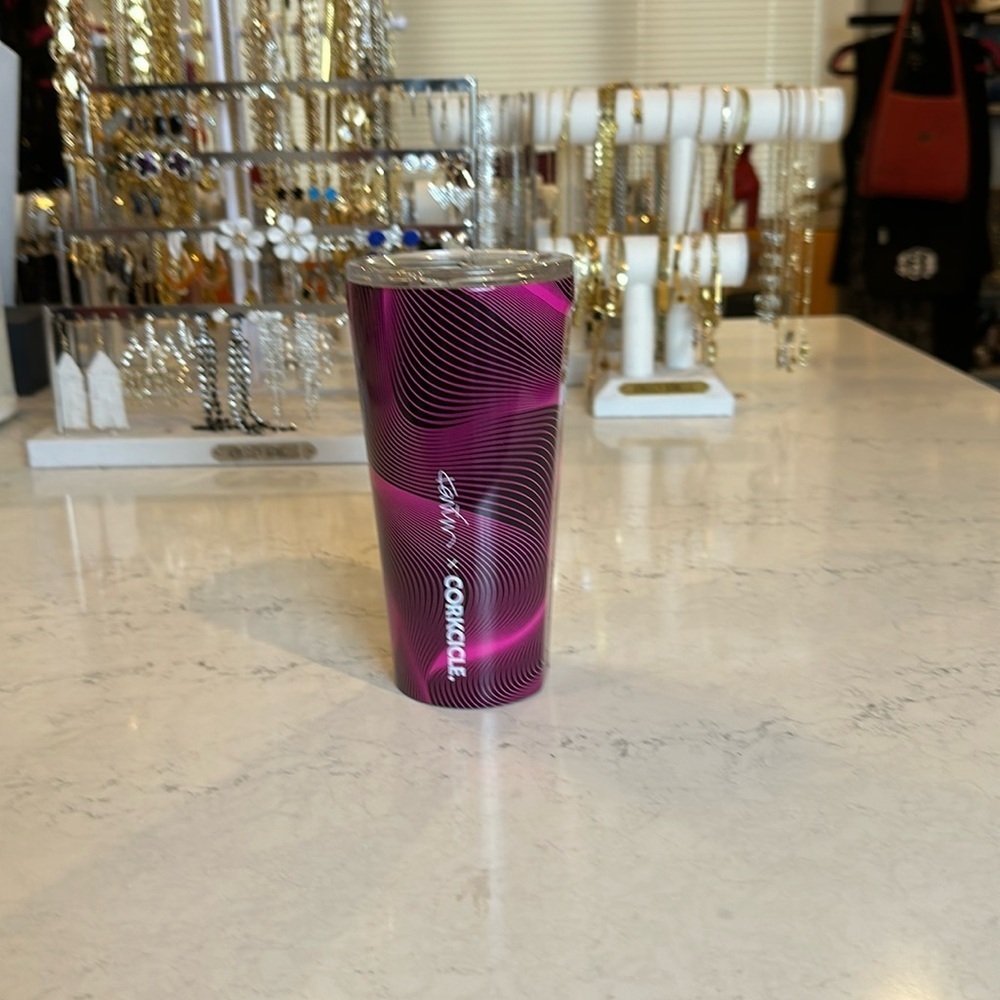 Karim x Corkcicle magenta and black swirl 16oz tumbler